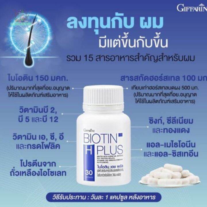 กิฟฟารีน-ไบโอติน-เอช-พลัส-ผมร่วง-ผมบาง-หัวล้าน-บำรุงเส้นผม-ลดการขาดหลุดร่วงของเส้นผม-ผมแลดูแข็งแรง-เงางาม-giffarine-biotin-h-plus