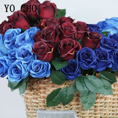 [AYIQ Flower Shop] ช่อดอกไม้กุหลาบประดิษฐ์12หัวดอกไม้ปลอมกุหลาบเล็กรอยัลบลูสำหรับการตกแต่งบ้านปาร์ตี้งานแต่งงานผ้าไหม