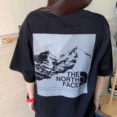 ✈The North Face เสื้อยืดผ้าฝ้ายผู้ชายและผู้หญิงที่ชอบภูเขาหิมะ,100มีคุณสมบัติในฤดูร้อน