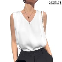 COD dhdfxcz ZANZEA Women Fashion Satin V Neck Sleeveless Pleated Trim OL Blouse