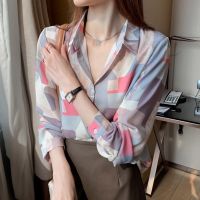 ♕✠ Women long sleeve shirt printed lapel blouse summer casual tops fashionable ladies shirts woman top baju kemeja