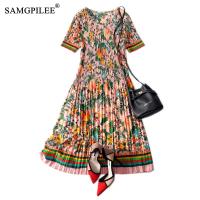 Women Dresses 2021 New Casual A-line Print Short Sleeve Folds Knee-length Empire O-neck Korean Style Chiffon Dress Plus Size 4XL