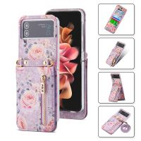 J20เคสสำหรับ Galaxy โทรศัพท์พาดลำตัว Z Flip 4 3 5G Flip3 Flip4ช่องใส่การ์ดกุหลาบย้อนยุคปกหนังกันกระแทกพร้อมสายคล้อง