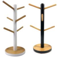 2 Pcs Wooden Mug Hanging Rack Drinkware Shelf with 6 Hooks Tree Shape Wood Coffee Tea Cup Storage Holder, White &amp; Black