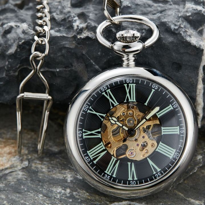 นาฬิกาพกกลแบบใสโครงกระดูกเงินเรียบเลโลจเดโบลซีโลแบบขายวัตถุโบราณสำหรับผู้ชาย