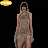 Wintin 2023 Summer New Womens Clothing European and American Style Turtleneck Hooded Pleated Drawstring Tight Waist Sexy Cutout Slit Dress