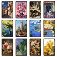 French Oil Painting Flower Vase Rural Metal Sign Plates Farmhouse Tree Pond Lotus Leaf Tin Plaque Wall Art Bar Home Decoration Drawing Painting Suppli