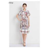 New Printed Pattern Mid-Skirt Lapel Short Sleeve Retro A- line Slimming Dress with Belt