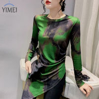 YIMEI เสื้อยืดพิมพ์ลายแขนยาวปานกลาง,เสื้อยืดแฟชั่นแขนยาวปานกลางสำหรับผู้หญิงดีไซน์2023ฤดูใบไม้ร่วง/ชุดรัดรูปฤดูหนาวเสื้อแหวกแนว