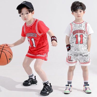 90-150CM Childrens Cotton Sportswear Handsome Stitching Basketball Uniform Baby Casual Short-Sleeved Suit Cartoon Printed Breathable Korean Version Clothing