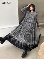 XITAO Dress Fashion Casual Long Sleeve Loose Stripe Print Dress