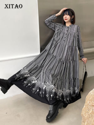 XITAO Dress  Casual Long Sleeve Loose Stripe Print Dress