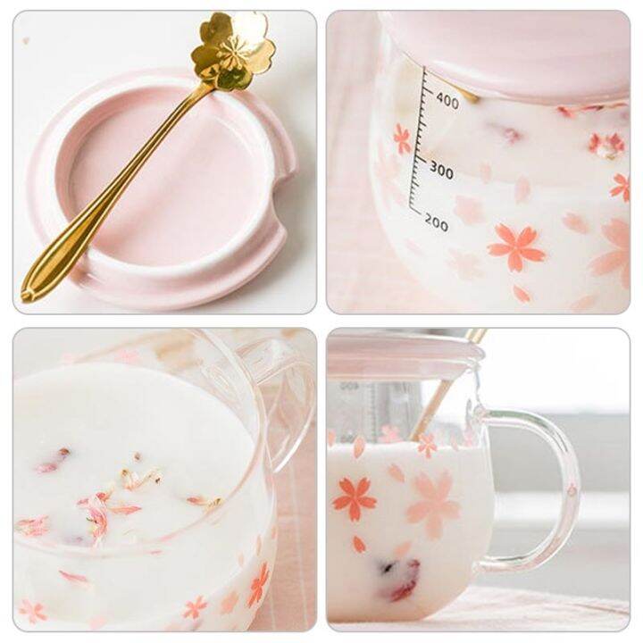 ร้อนสไตล์ญี่ปุ่นแก้วแก้วน่ารักสีชมพู-kawaii-drinkware-นมกาแฟถ้วยน้ำครัวสำนักงานที่ละเอียดอ่อนช้อนที่มีฝาปิดดอกเชอร์รี่แก้ว