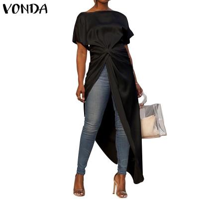(จัดส่งฟรี)Vonda ผู้หญิงสูงต่ำข้ามเหมยาว Maxi แขนสั้นเสื้อเชิ้ตเสื้อ
