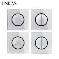 UNKAS Grey 1 2 3 4 Gang 1 2 Way Random Click On Off Pass Through Wall Light Switch LED Indicator Gray Crystal Glass Panel