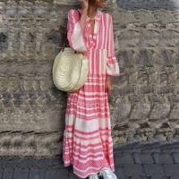 ZZOOI Casual Full Sleeve Maxi Dress Sexy V Neck Vestidos Luxury Long Dress Bohemia Striped Summer Dress Women Loose Print Ropa Mujer