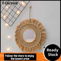 V-ELECTRONIC ผ้าทอทอ กระจกแขวนตกแต่ง กลมกลมๆ มาคราเม่ Tapestry Mirror เครื่องประดับผ้าฝ้ายแท้ ตกแต่งผนังศิลปะ กระจกติดผนัง ห้องนั่งเล่นห้องนอนตกแต่งบ้านอพาร์ตเมนต์