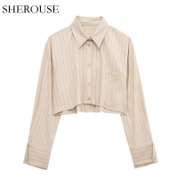 SHEROUSE เสื้อเชิ้ตมีลายสีครีมแฟชั่นสำหรับผู้หญิงกับปกเสื้อกระดุมเดี่ยวแขนยาวผู้หญิง Kemeja Pendek เก๋ไก๋