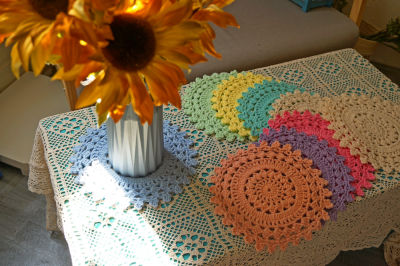 Handmade Crochet 25cm solid Round Doilies Japanese Tea Ceremony Ancient Round Tea Screen Saucer Macarone color Plate 8pcs