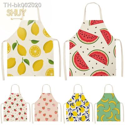 ✖ Summer Fruit Pattern Kitchen Apron for Women Cotton Linen Bib Household Cleaning Pinafore Cooking Aprons Accessories 68x55 Cm