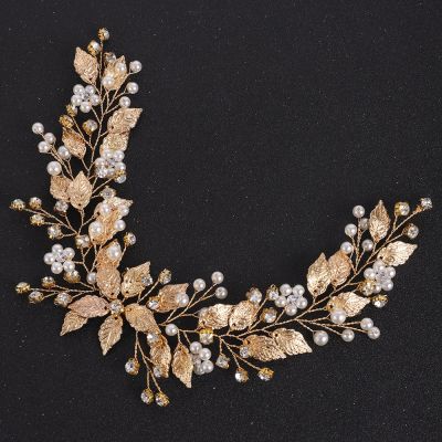 【YF】 Gold Leaves Crystal Pearls Bride Headband Rhinestone Hair Ornaments Women Headpieces Flower Decor Wedding Accessories