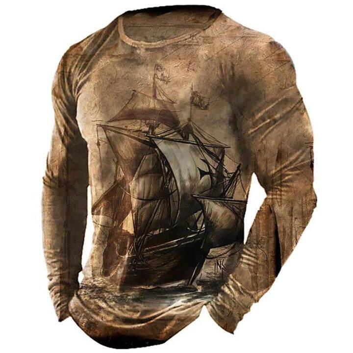 เสื้อยืดพิมพ์แผนที่วินเทจสำหรับผ้าฝ้ายแขนยาวพิมพ์ลายประทับสำหรับผู้ชายเสื้อยืดสำหรับฤดูใบไม้ผลิคอกลมเสื้อลำลองทุกวันเสื้อยืดทรงโอเวอร์ไซส์ขนาดยุโรป