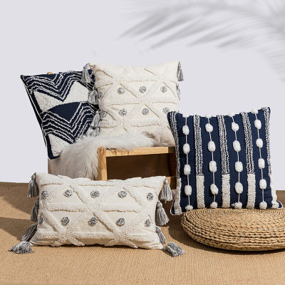 30x50cm/45x45cm Boho Geometric Tufted Cushion Cover Navy White Pom Pom Embroidered Pillow Covers Decorative Home Office Bedside Pillow Case