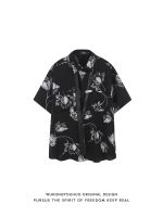 High street retro plants and flowers printed short-sleeved shirt mens trendy brand loose high-quality couple shirt 【BYUE】