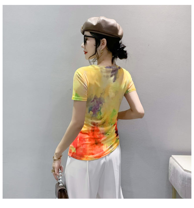เสื้อยืดแขนสั้นพิมพ์ลายฤดูร้อนแฟชั่นตาข่ายเป็นเอกลักษณ์ของคอกลมผู้หญิง-s-3xl-เข้ารูปพอดีหรูหราและอินเทรนด์