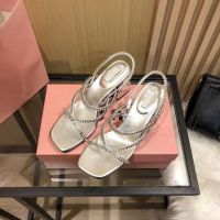 Miu rhinestone sandals women one word with 2023 summer new sexy peep-toe fine with thick with silver high heels