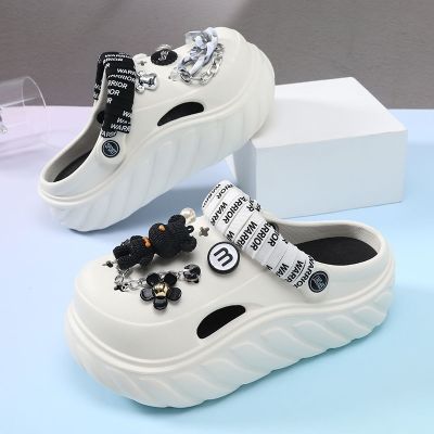 【Hot Sale】Hole shoes womens summer outer 2023 new fashion net red heightened thick bottom stepping on shit feeling beach Baotou half slippers
