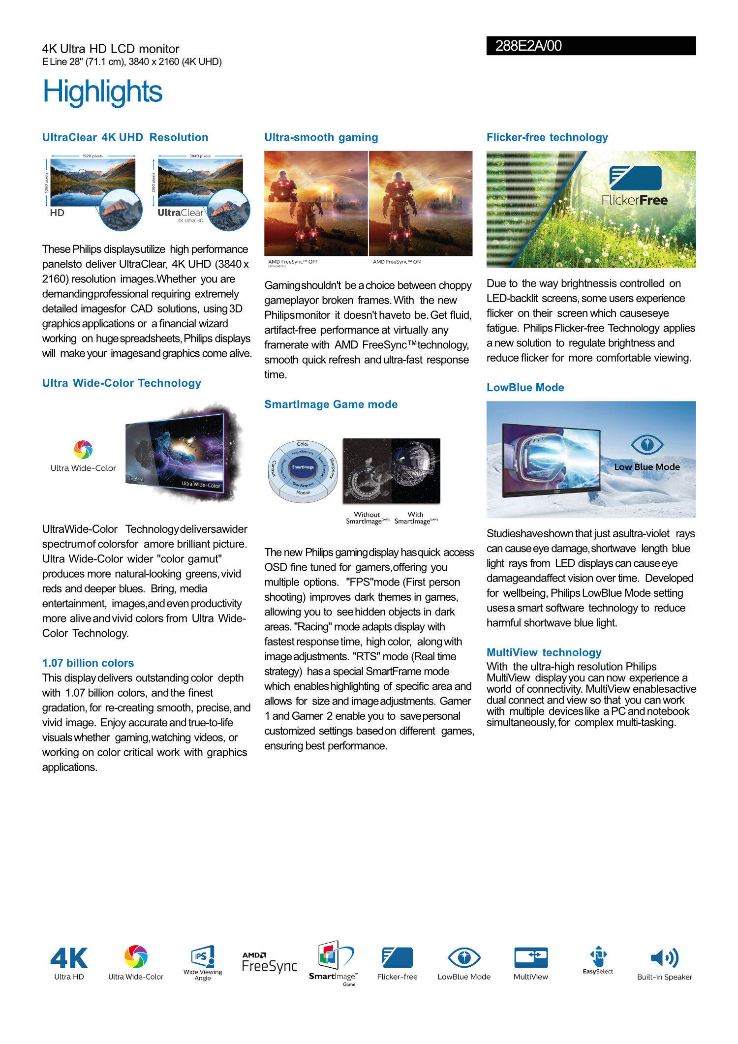 Philips 28" 4K 60Hz LCDIPS 4ms (DP, HDMI) FREESYNC รุ่น 288E2A/67 (จอ