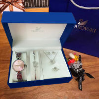 Swarovski watch necklace bracelet ring earrings five-piece set/ Silver pink