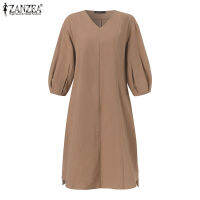 Muangee ผู้หญิง Vintage แยกออกจากกันอย่างสมมาตร Hem ชุดเดรสมิดีผ้าฝ้าย V คอ3/4 Sleeve Sundress ZANZEA #6