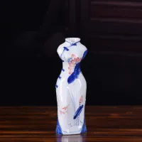 Chinese Hand-painted Blue White Porcelain Cheongsam Vase Ceramic Accessories Home Livingroom Desktop Bookcase Decoration Crafts