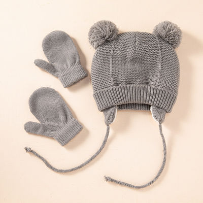 ถุงมือสองชิ้นหมวกเครื่องป้องกันหูขนแกะอบอุ่นสำหรับเด็ก1-4ปีหมวกถักของเด็กฤดูหนาว