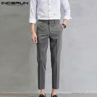 INCERUN กางเกงชิโนทรงพอดีตัวสำหรับบุรุษกางเกงขายาวทรงหลวมสำหรับธุรกิจคาร์โก้อัจฉริยะอย่างเป็นทางการ (สไตล์เกาหลี)