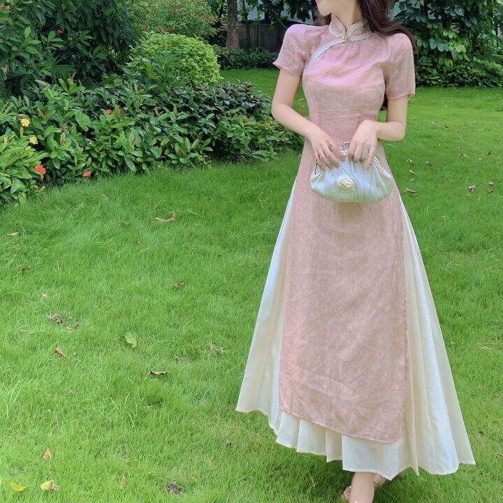 cw-pink-cheongsam-dress-gentle-style-high-end-young-girl-fairy-elegant-temperament-qipao-daily-fairy-2022-new