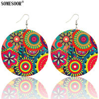 SOMESOOR Mixed 6 Hand Painted Flower Works By Artists Natural Wood Double Sides Printing Drop Dangle Earrings For Women Gifts