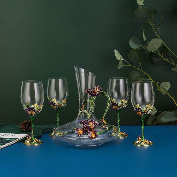 cw-enamel-colored-lead-free-wine-glass-decanter-set-golden-green-high-end-cup-luxury-goblet-wedding