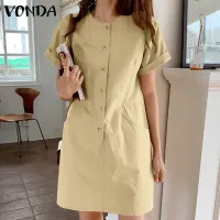 VONDA Women Fashion Short Sleeve Button Down Shirt Dress Casual Holiday Plain Mini Dresses (Korean Causal)