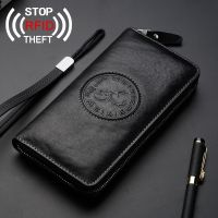 100% Genuine Leather Wallet RFID Anti-Theft Brush Mens Wallet Luxury Clutch Bag Casual Business Large Capacity Purse Money Clip