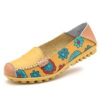 Summer Flower Print Women Genuine Leather Shoes Woman Flat Flexible Loafer Flats