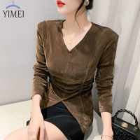 YIMEI เสื้อยืดคอวีสำหรับผู้หญิง,ใหม่2023แขนยาวสไตล์ฤดูใบไม้ร่วงเสื้อจับจีบกำมะหยี่