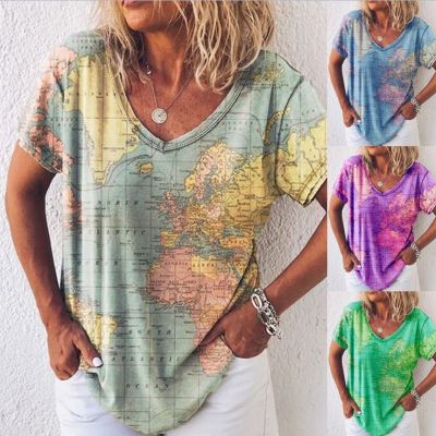 [COD] 2022 ebay European and wish spring summer map printing V-neck short-sleeved bottoming T-shirt womens top