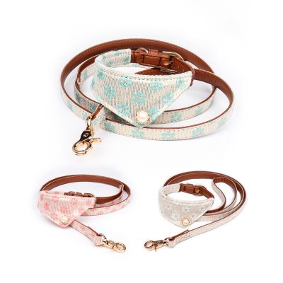 Cute Bowknot Pets Dog Collars Floral Print PU Leather Adjustable Small Medium Cat Dogs Bandana Collars Leashes Set Pet Necklace Leashes