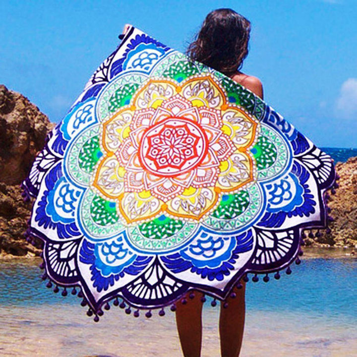 ผ้าขนหนูชายหาดกลมผ้าห่มโยคะเส้นผ่าศูนย์กลาง150เซนติเมตรเสื่อโยคะด้วยดอกไม้แบบอินเดีย-m-andala-พรมเสื่อปิกนิกวันวาเลนไทน์