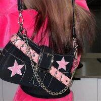 แฟชั่นญี่ปุ่น Cool Dark Harajuku สไตล์ Denim กระเป๋าสีชมพู Star โลหะโซ่ผู้หญิงกระเป๋า Tote กระเป๋ากระเป๋าถือ