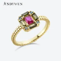 ANDYWEN 925เงินสเตอร์ลิงล้าง CZ สแควร์ Olive Rose สีแดงแหวน Big Band 2022แหวนแต่งงานผู้หญิงเครื่องประดับคริสตัล2022 CZ