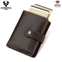 Genuine Leather Wallet for Men Double Aluminium Credit Card Holder Case RFID Slide Pop Up Bank Card Wallet with Coin Purse Card Holders